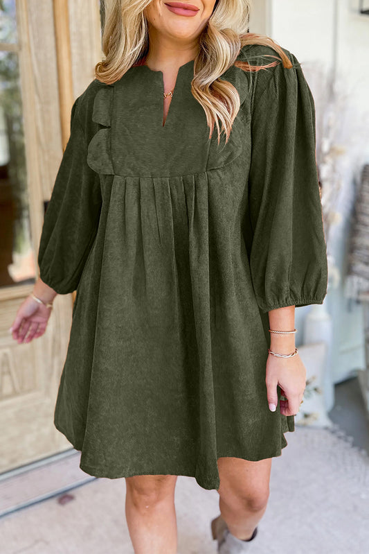 Split Neck Scallop Detail Pleated Corduroy Mini Dress
