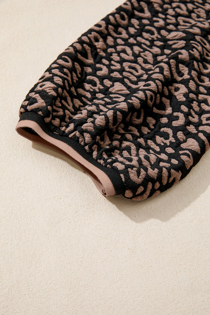 Black Leopard Print Bubble Sleeve Shift Mini Dress