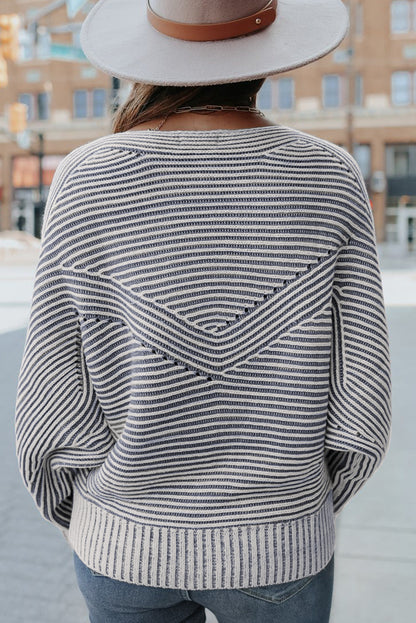Striped Print Ribbed Knit Raglan Sleeve Baggy Sweater