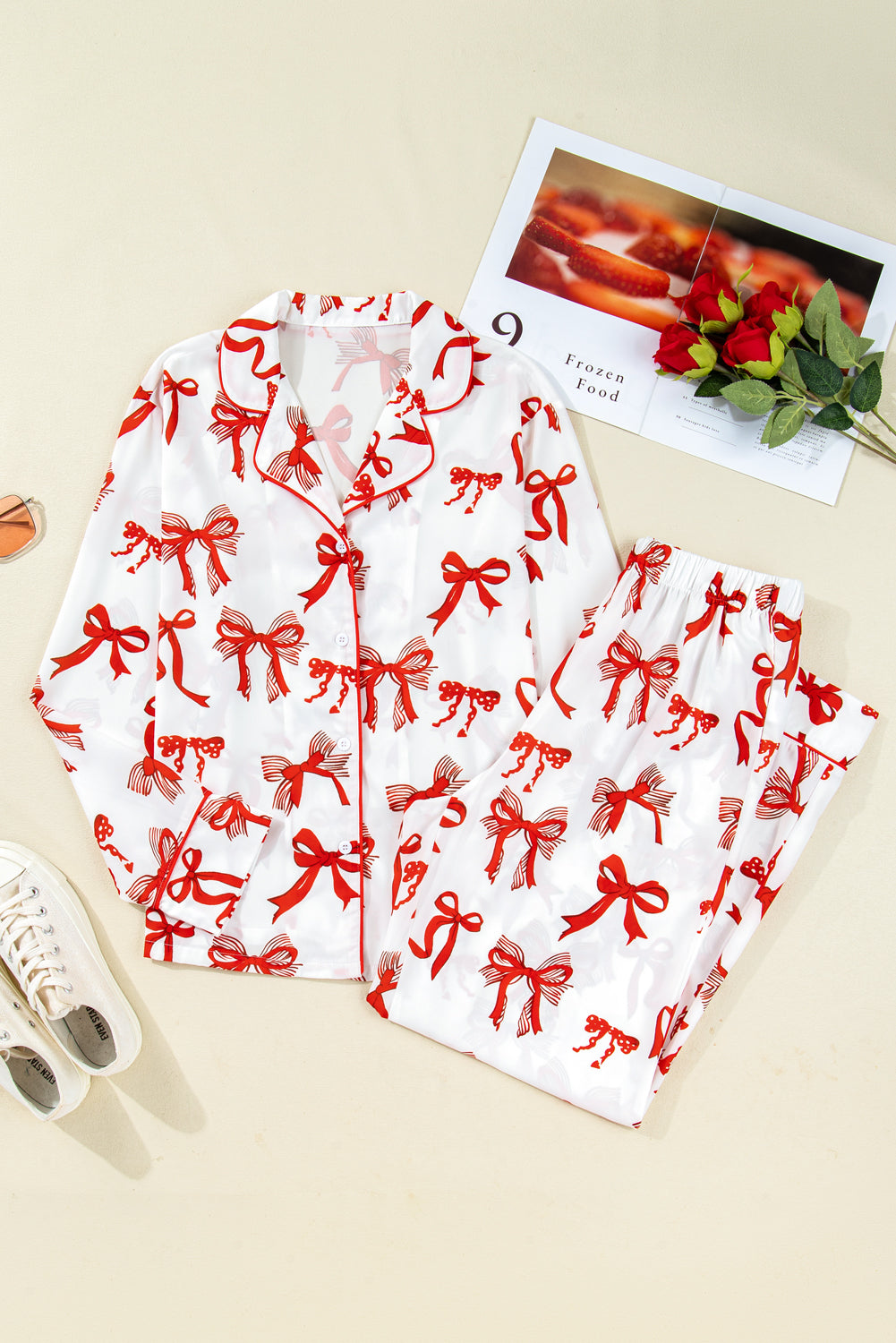 Red Christmas Bow Print Long Sleeve 2pcs Pajama Set