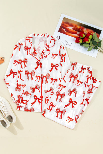 Red Christmas Bow Print Long Sleeve 2pcs Pajama Set