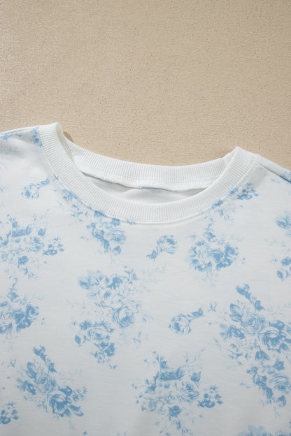 Sky Blue Floral Print Striped Detail Long Sleeve Top Ruffle Hem Shorts 2pcs Set