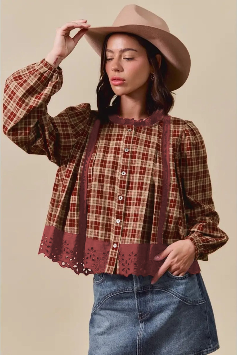 Red Dahlia Plaid Lace Hem Button Down Shirt