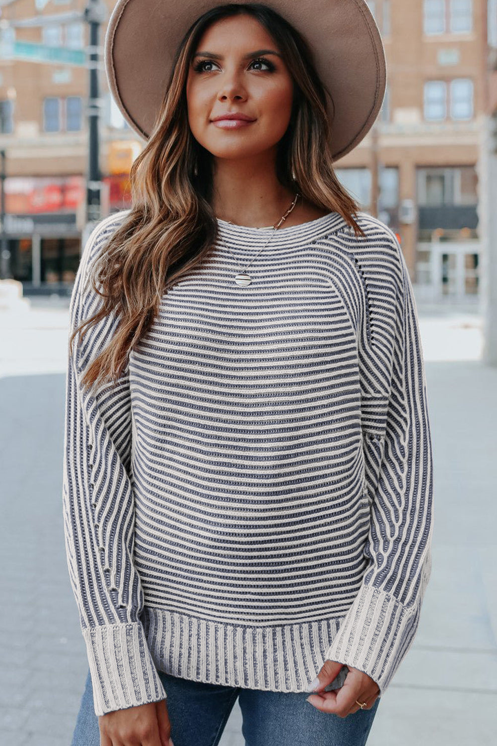 Striped Print Ribbed Knit Raglan Sleeve Baggy Sweater
