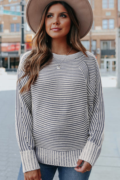 Striped Print Ribbed Knit Raglan Sleeve Baggy Sweater
