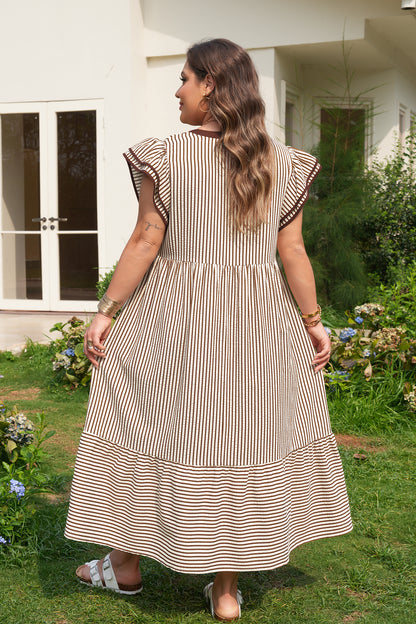 Stripe Slit V Neck Tiered Flutter Sleeve Maxi Dress