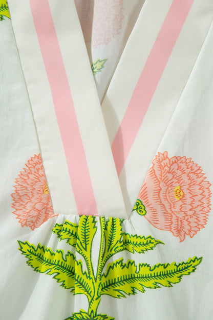 Floral Print Striped Trim V Neck Blouse