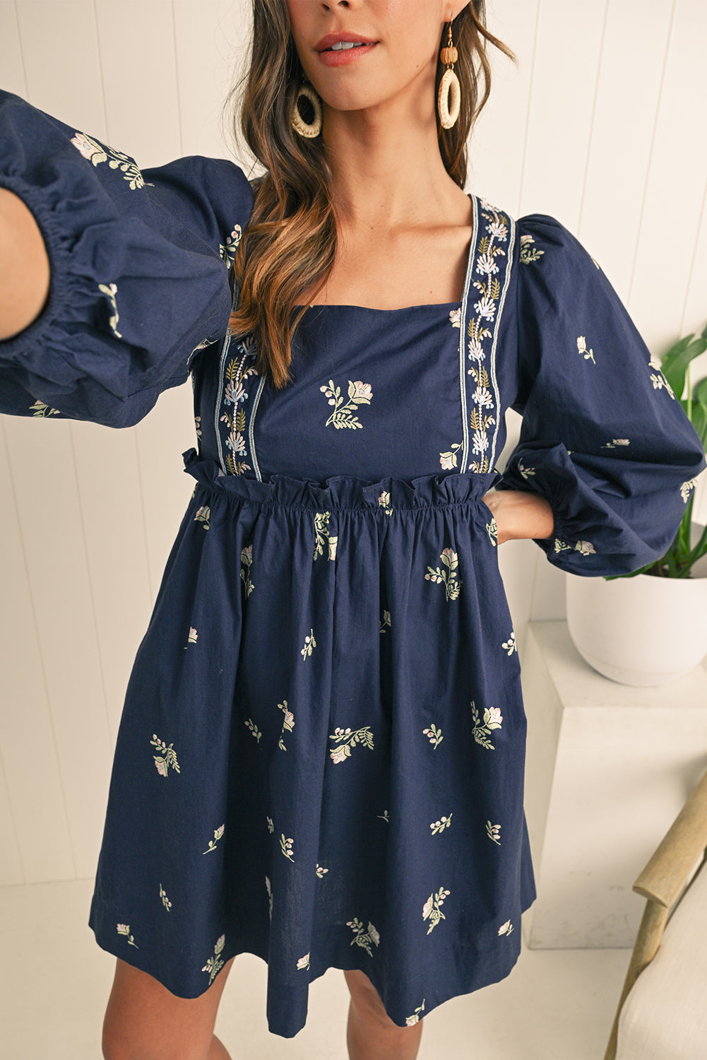 Blue Floral Embroidered Puff Sleeve Babydoll Dress - Blue / L