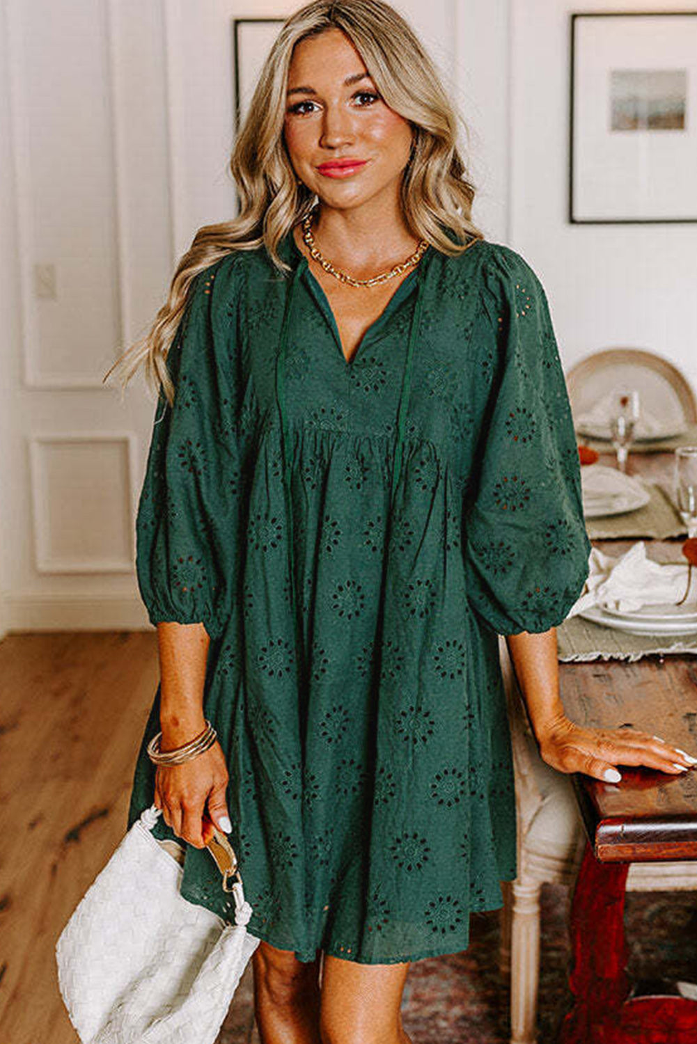 Green Embroidered Eyelet Pattern Puff Sleeve Mini Dress