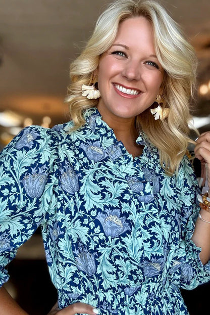 Floral Printed Frilled V Neck Bracelet Sleeve Long Dress