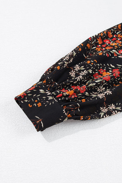 Strawberry Pink Floral Print Collared Button Up Puff Sleeve Shirt