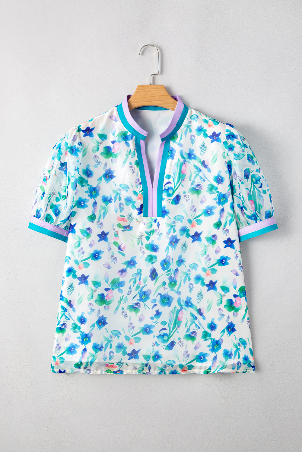 Floral Print Colorblock Edge Puff Sleeve Split Neck Plus Size Blouse