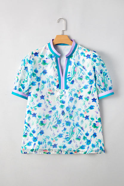 Floral Print Colorblock Edge Puff Sleeve Split Neck Plus Size Blouse