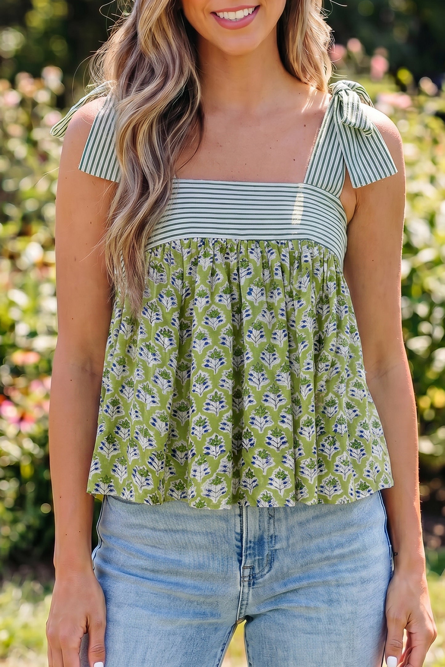 Fashion Printed Knot Straps Babydoll Tank Top