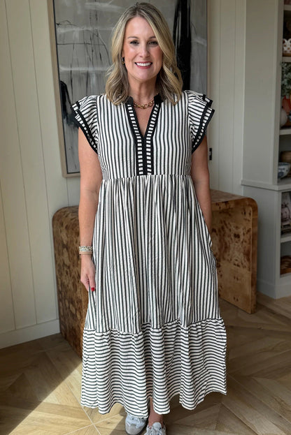 Stripe Double Ruffled Short Sleeve Contrast Trim V Neck Midi Dress