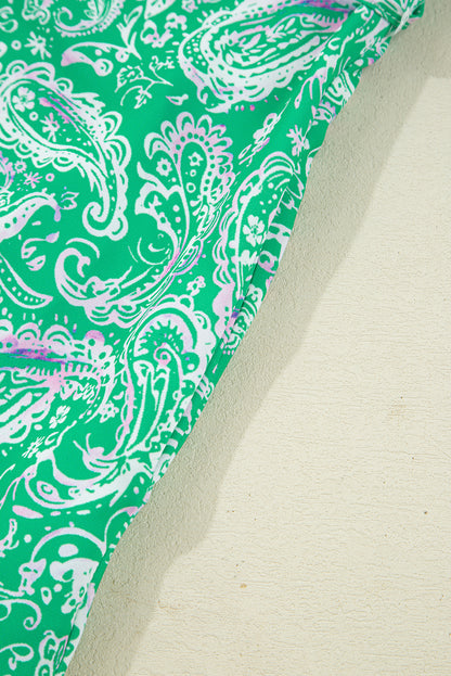 Green Paisley Print Long Sleeve Button Front Tied Waist Mini Dress