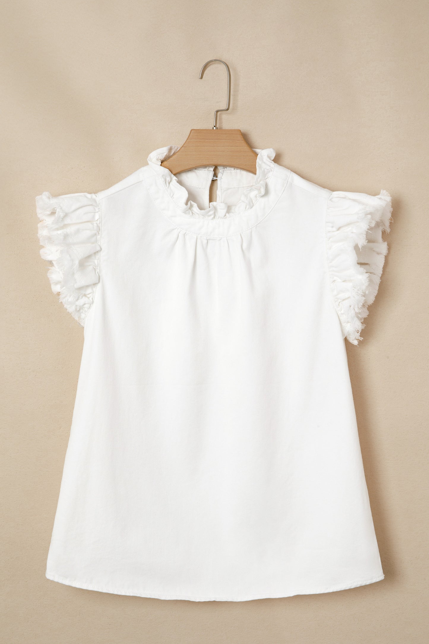 Frilled Collar Flutter Sleeve Denim Top