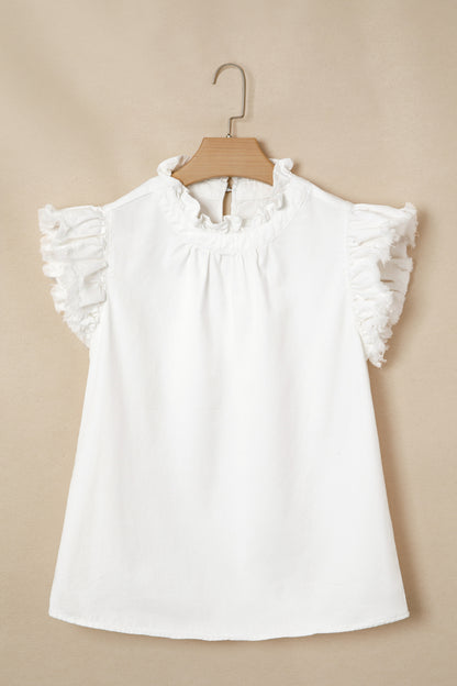 Frilled Collar Flutter Sleeve Denim Top