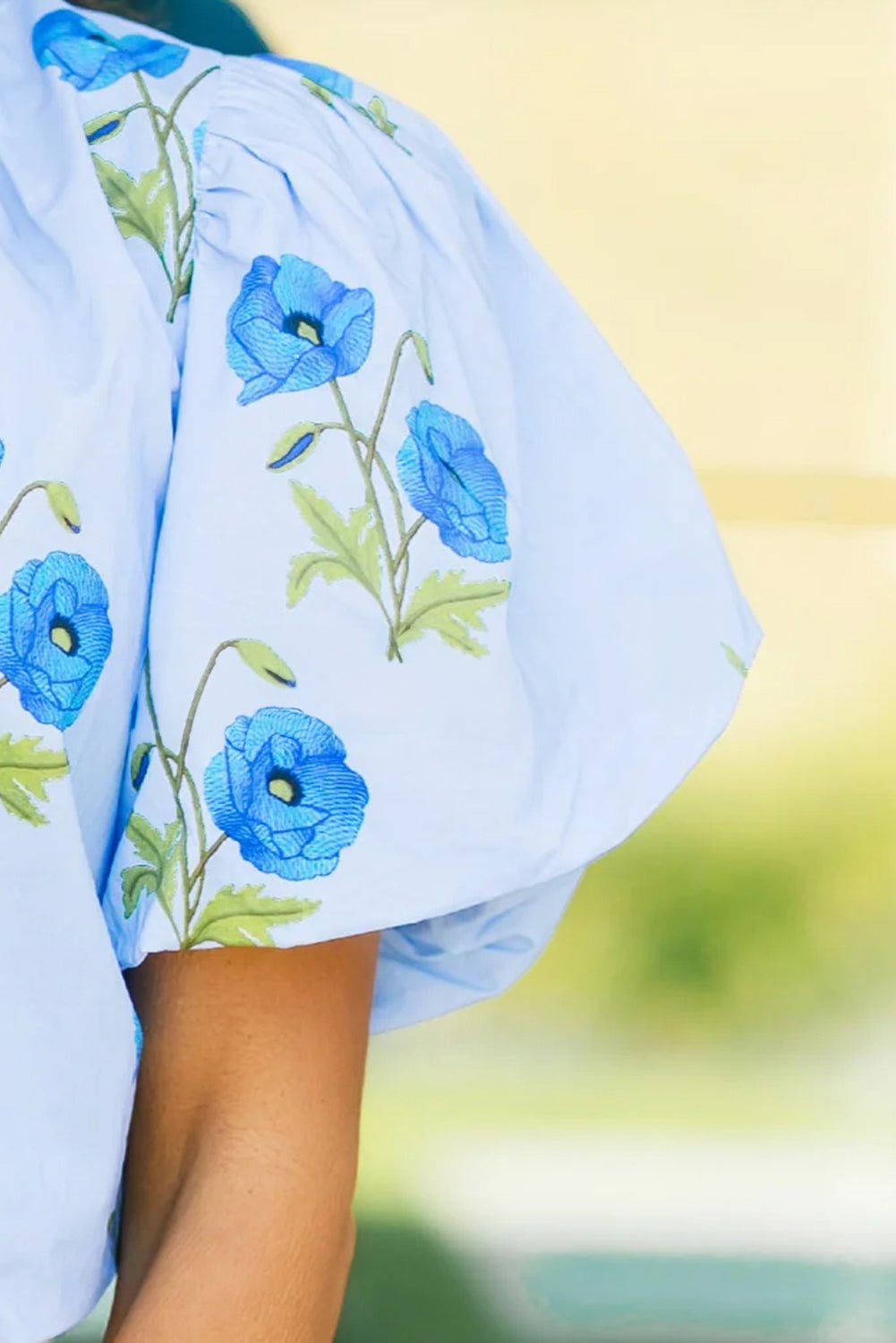 Sky Blue Floral Print Tie V-Neck Short Sleeve Blouse