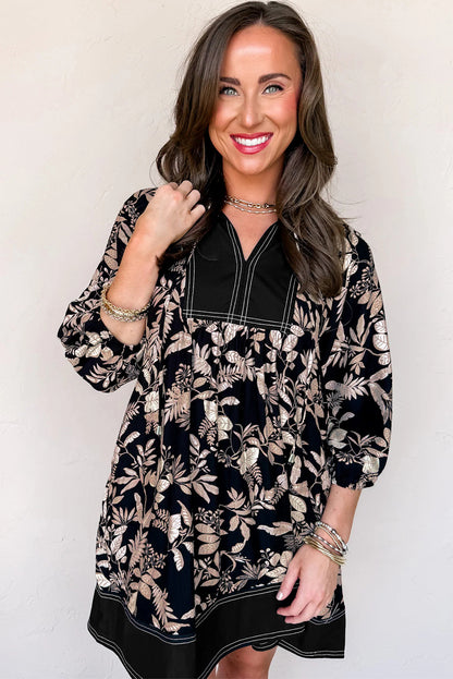 Black 3/4 Sleeve Botanical Print Split Neck Loose Mini Dress