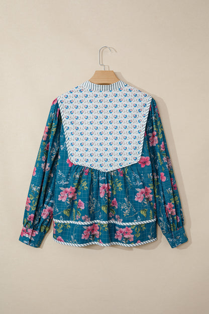 Sky Blue Floral Print Contrast Yoke Patchwork Striped Trim Long Puff Sleeve Blouse