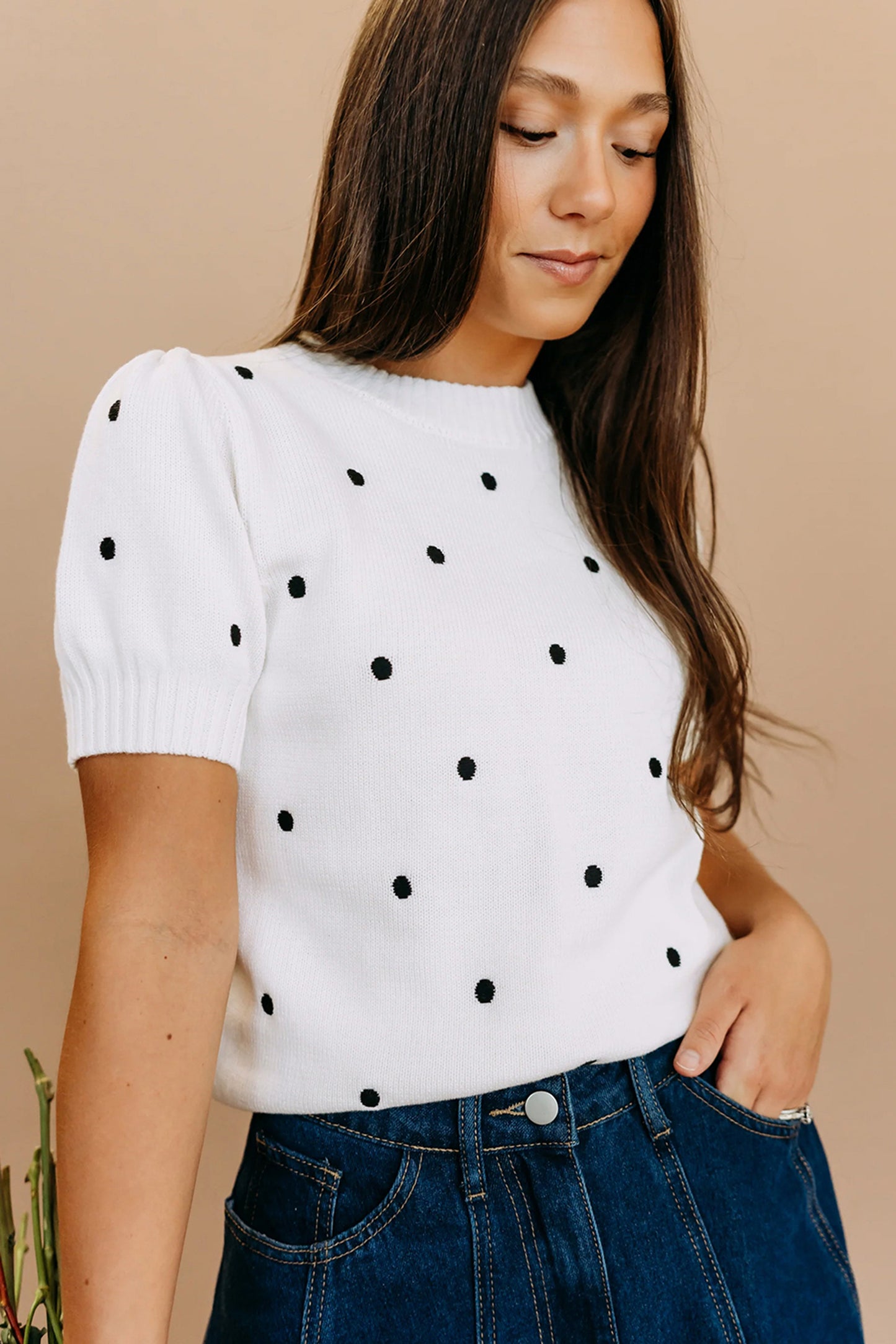 Elegant Polka Dot Bubble Short Sleeve Sweater