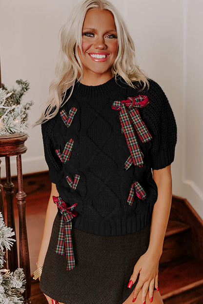 Plaid Lace-up Detail Christmas Holiday Puff Short Sleeve Sweater