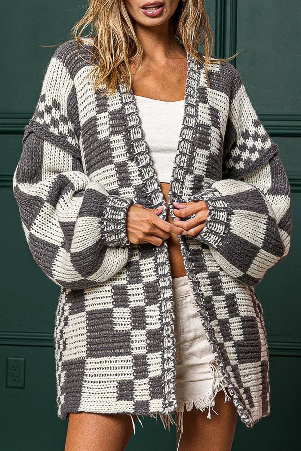 Rose Red Colorblock Checked Open Front Knitted Cardigan