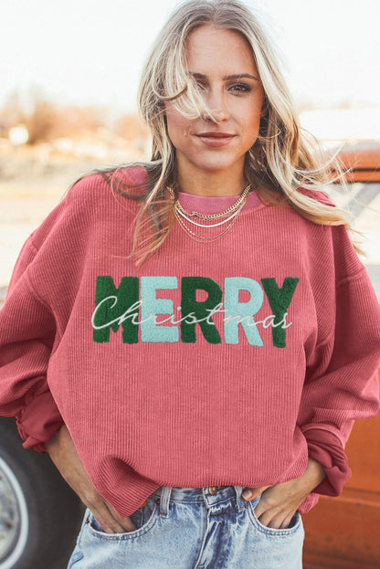 MERRY Christmas Terry Flocking Corded Graphic Sweatshirt
