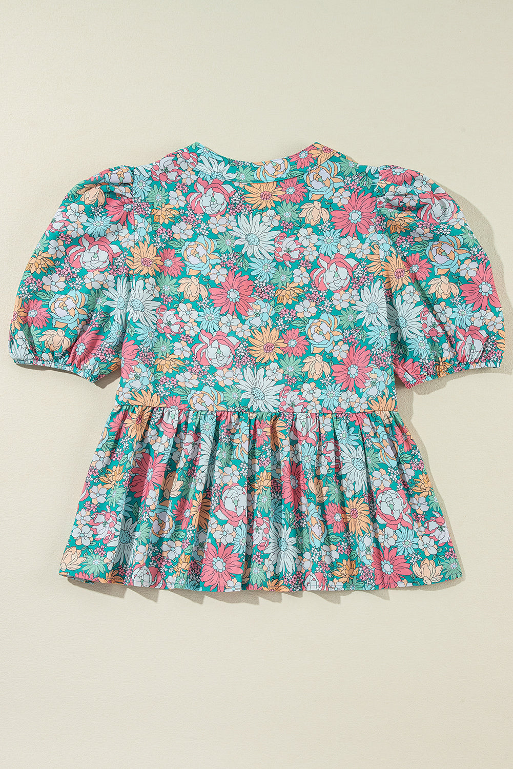 Multicolor Floral Print Short Puff Sleeve V Neck Boho Peplum Blouse