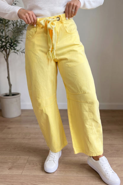 Color Grommet Detail Knot Waist Barrel Jeans