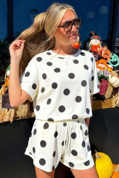 Polka Dot Print Loose Tee Drawstring Elastic Waist Short Set