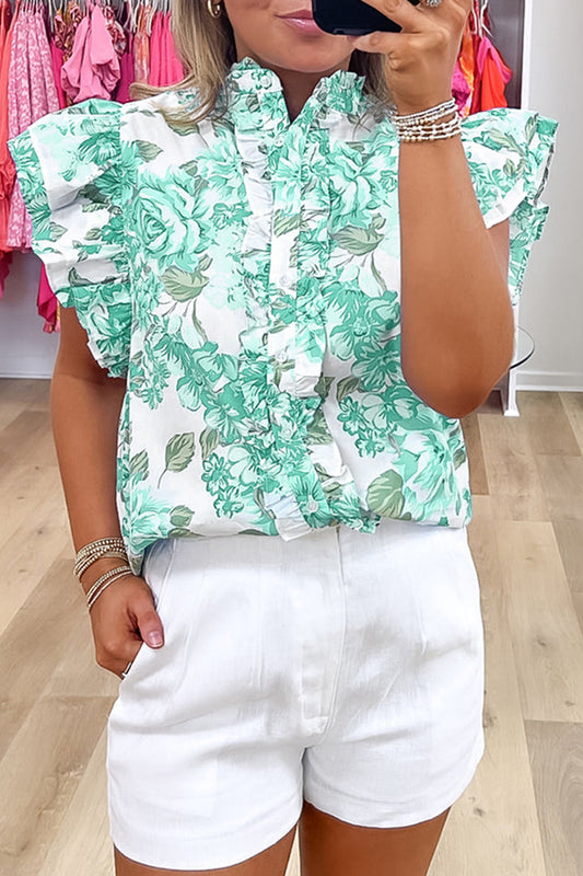 Floral Print Ruffle Sleeve Frill Shirt