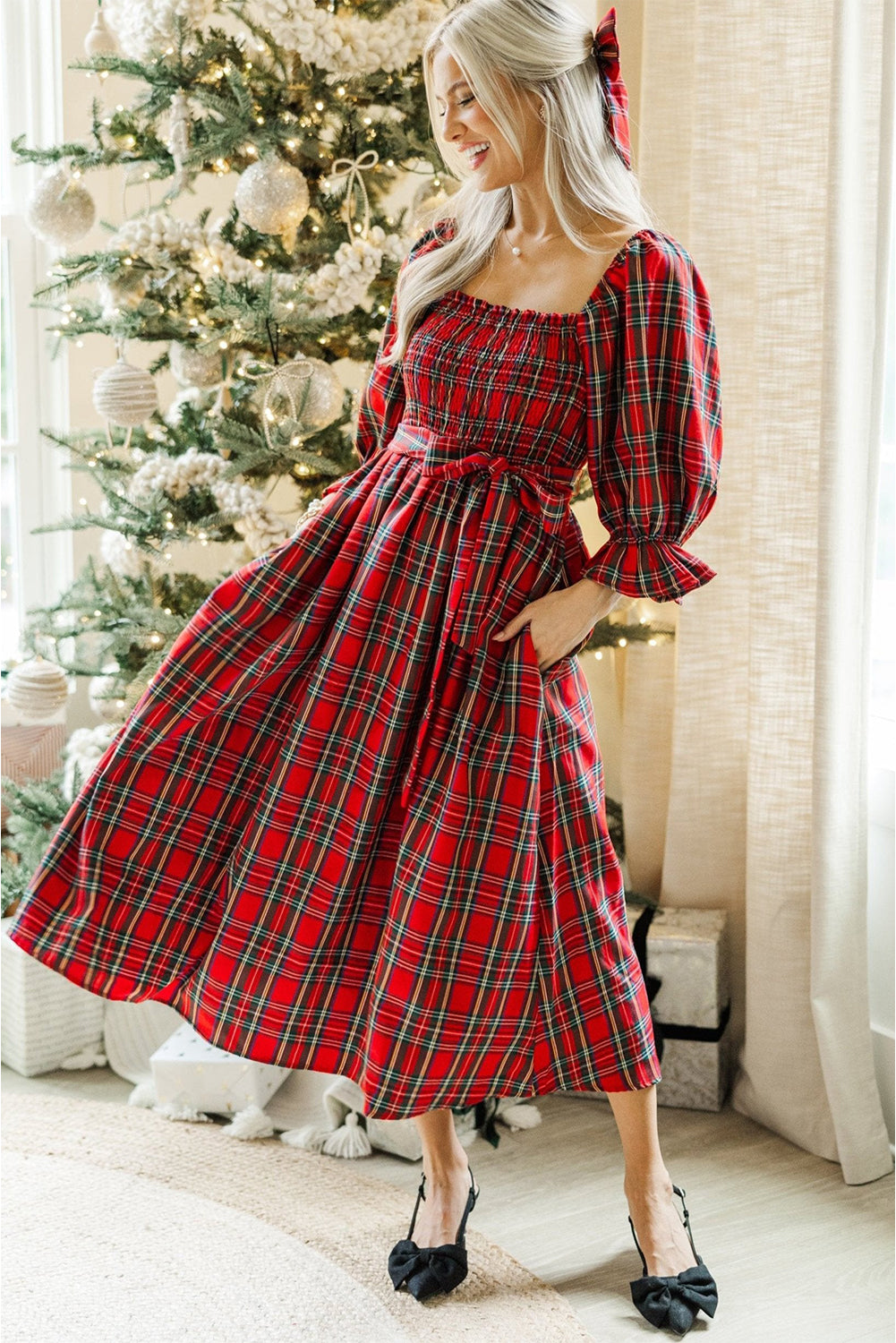 Plaid Square Neck Puff Sleeve Bowknot Waist Flared Midi Dress