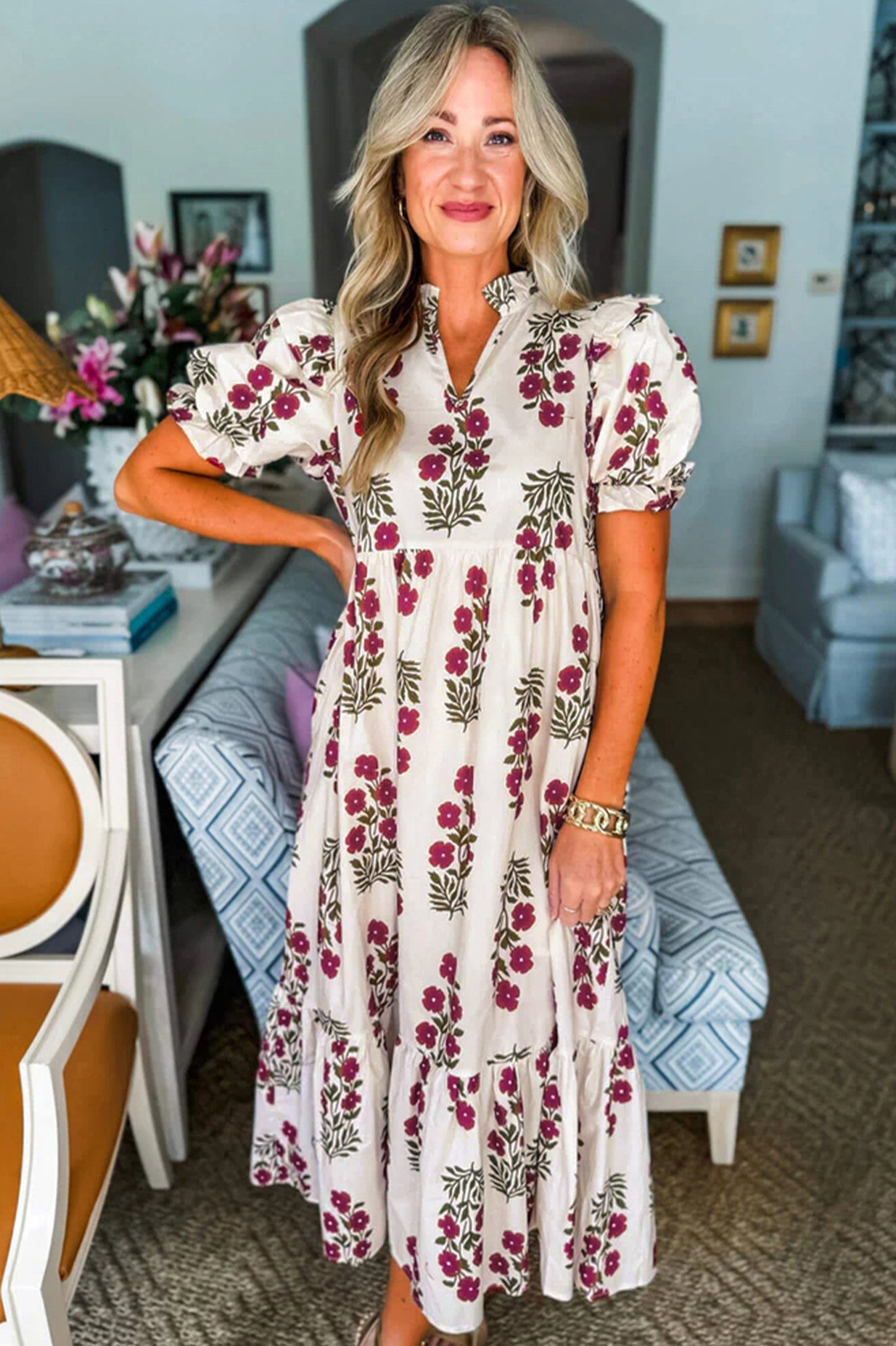 Floral Short Bubble Sleeve Tiered Maxi Dress