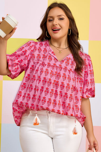 Pink Plus Size Floral Print Tassel Tie Puff Sleeve Cotton Blouse