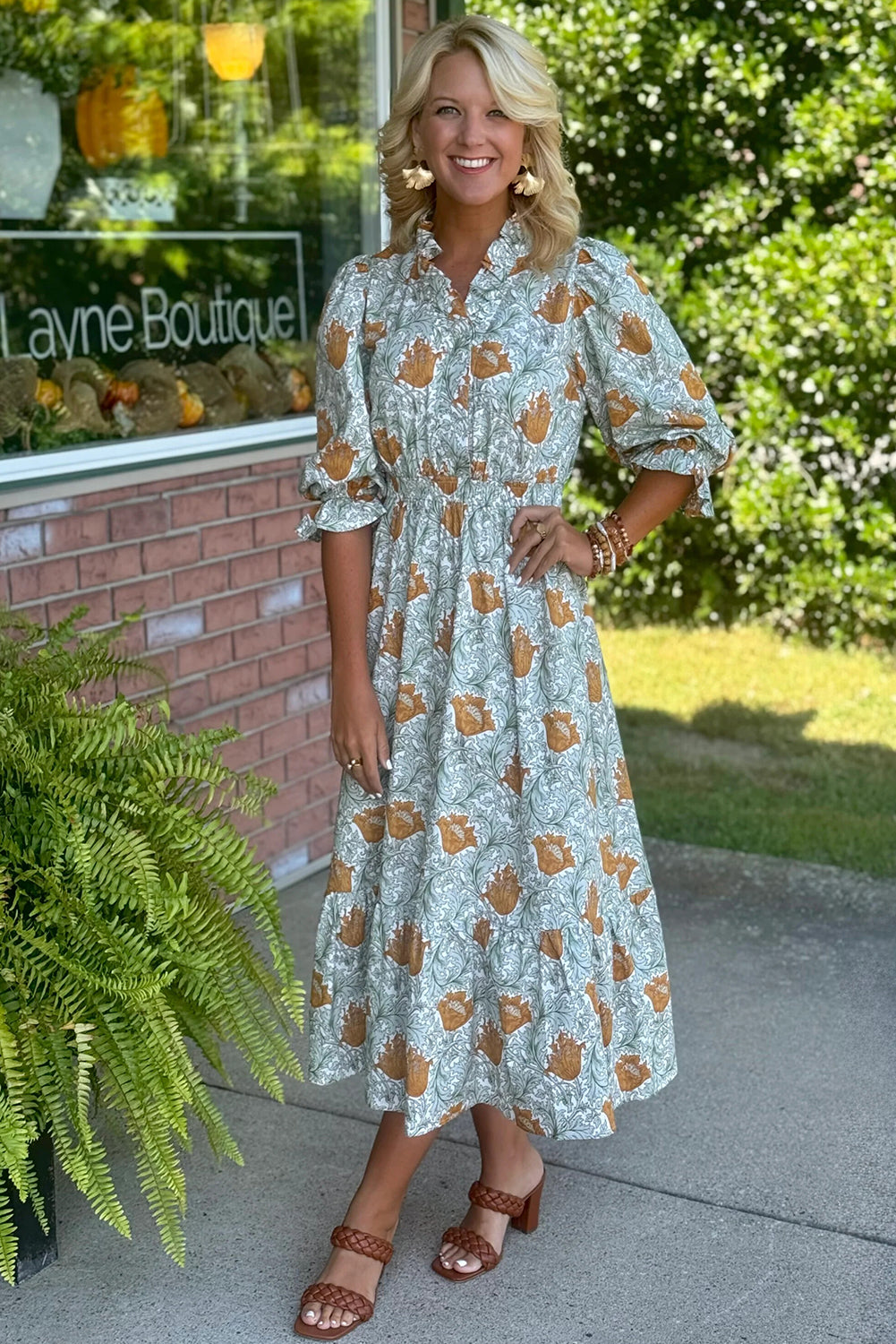 Floral Printed Frilled V Neck Bracelet Sleeve Long Dress