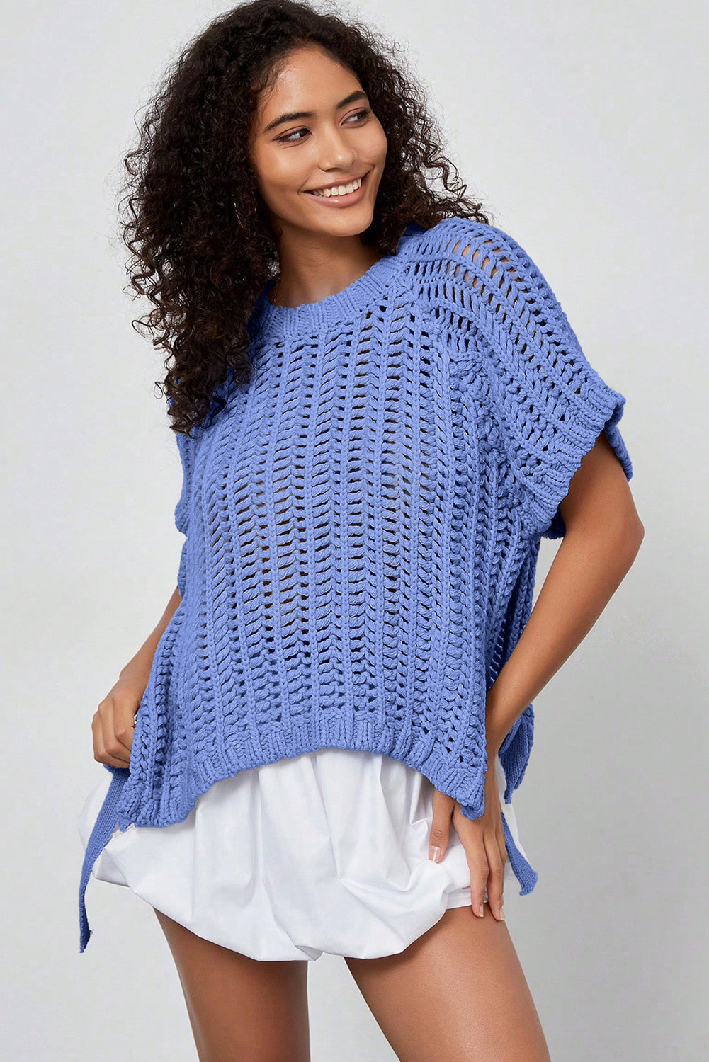 Open Knit Bow Tie Short Sleeve Sweater