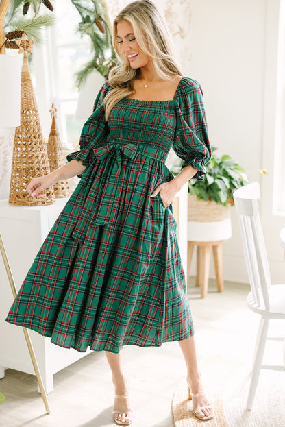 Plaid Square Neck Puff Sleeve Bowknot Waist Flared Midi Dress