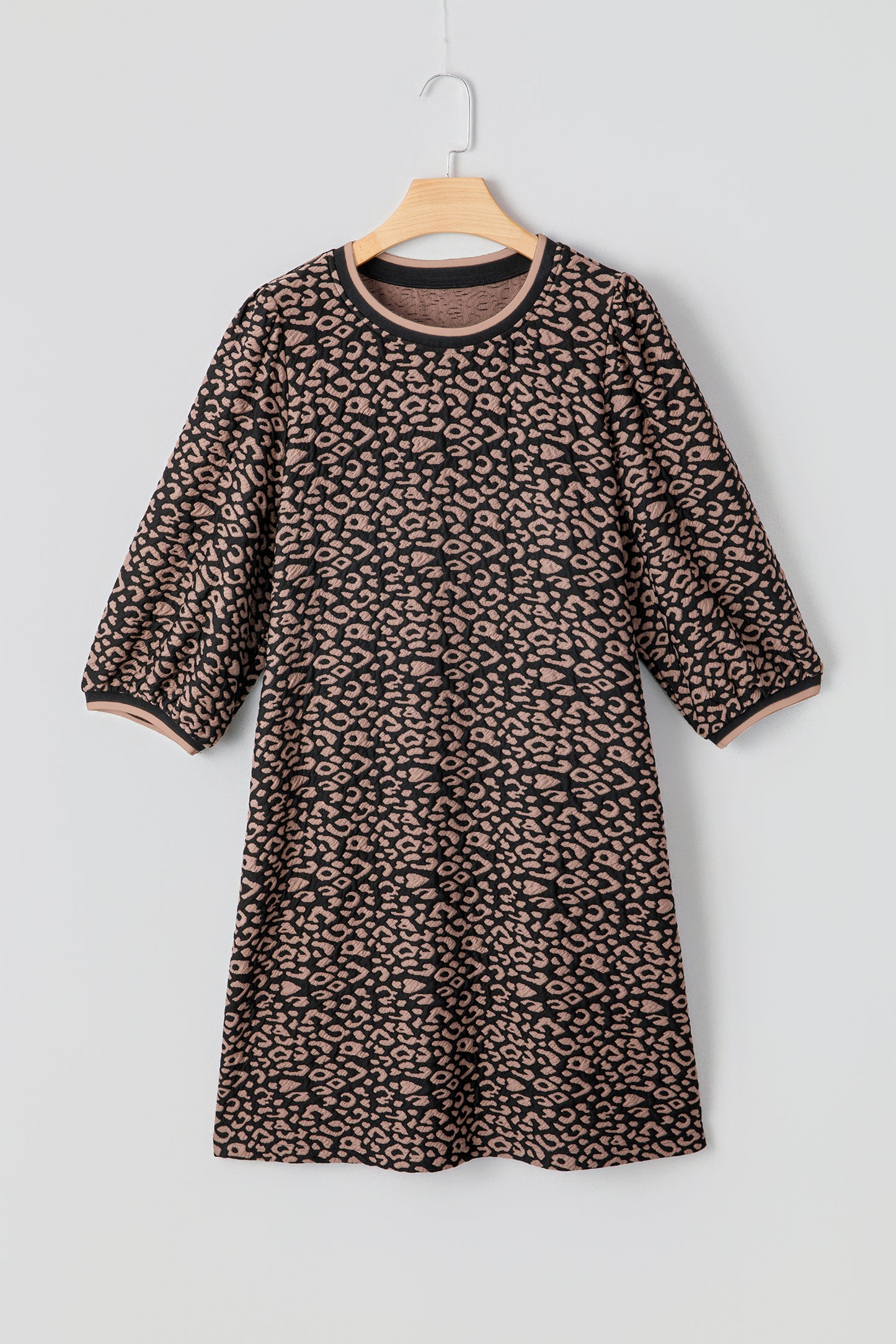 Black Leopard Print Bubble Sleeve Shift Mini Dress