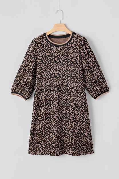 Black Leopard Print Bubble Sleeve Shift Mini Dress