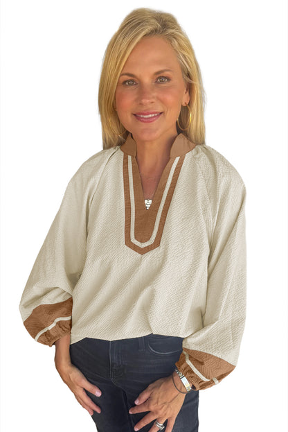 Black Colorblock Contrast V-neck Long Sleeve Blouse