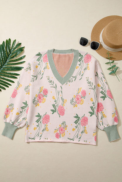 Pink Floral Colorblock V Neck Loose Sweater