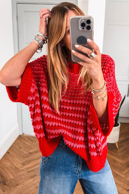 Stripe 3/4 Draped Sleeve Slouchy Sweater