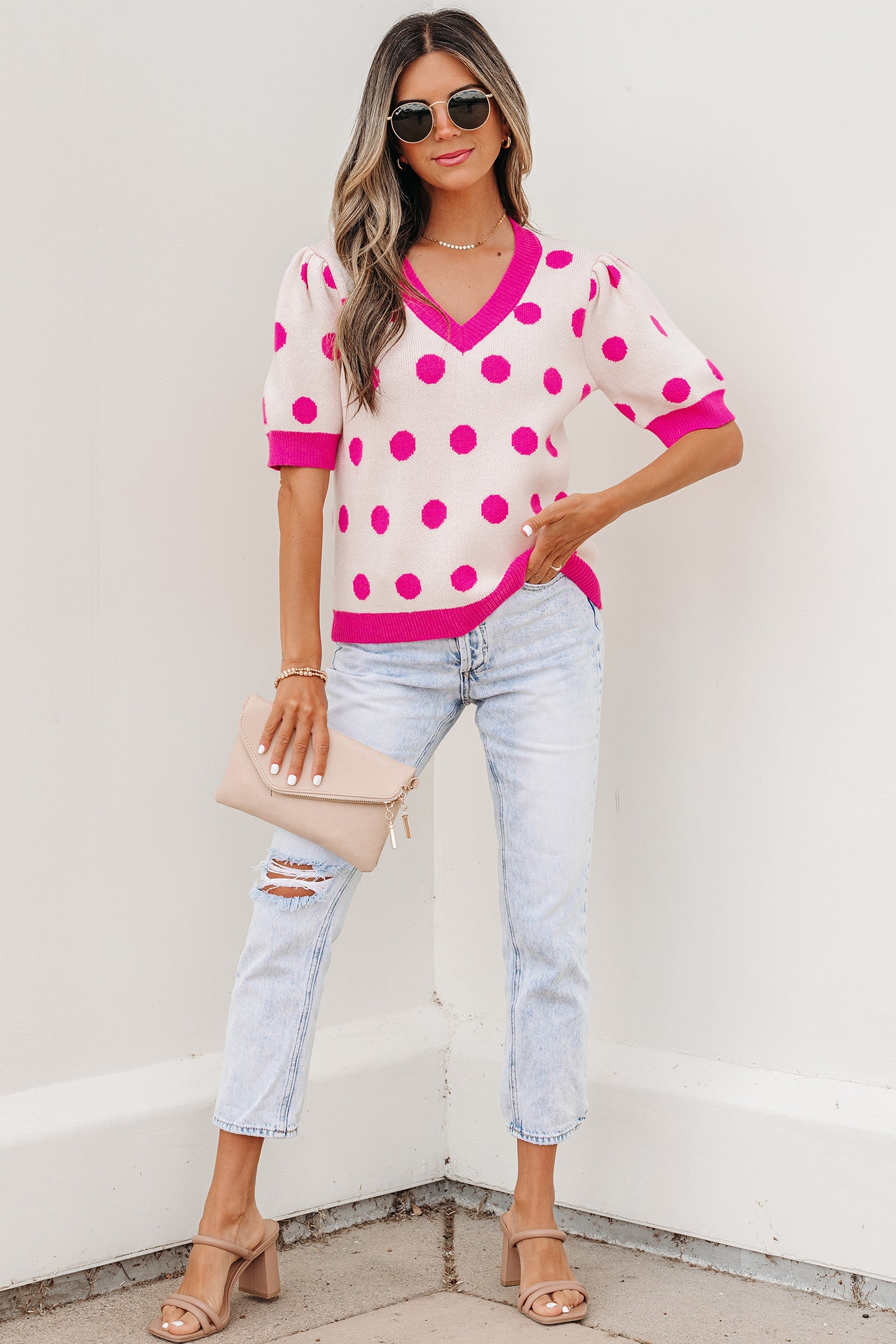 Polka Dot Puff Short Sleeve Sweater Top
