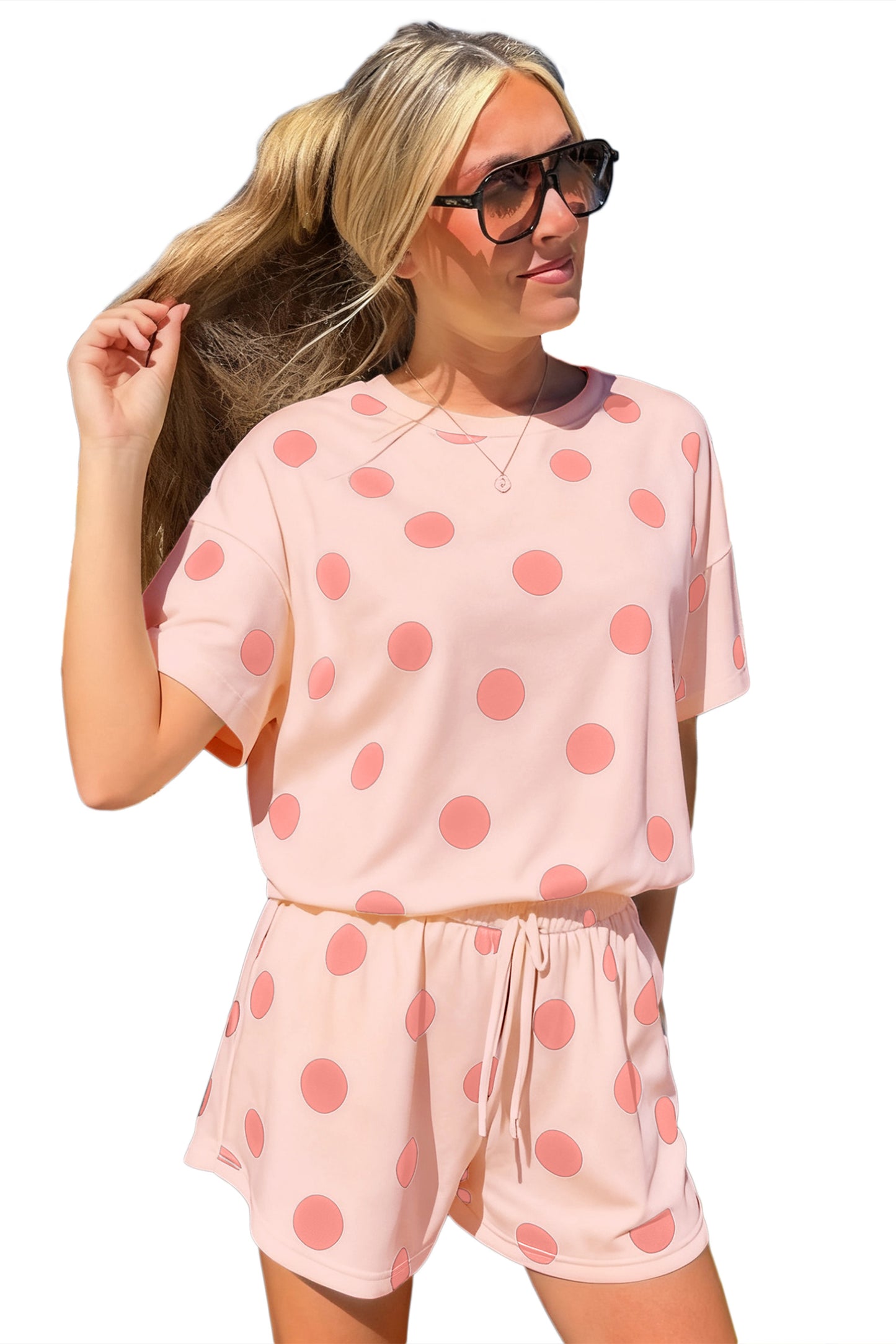 Polka Dot Print Loose Tee Drawstring Elastic Waist Short Set