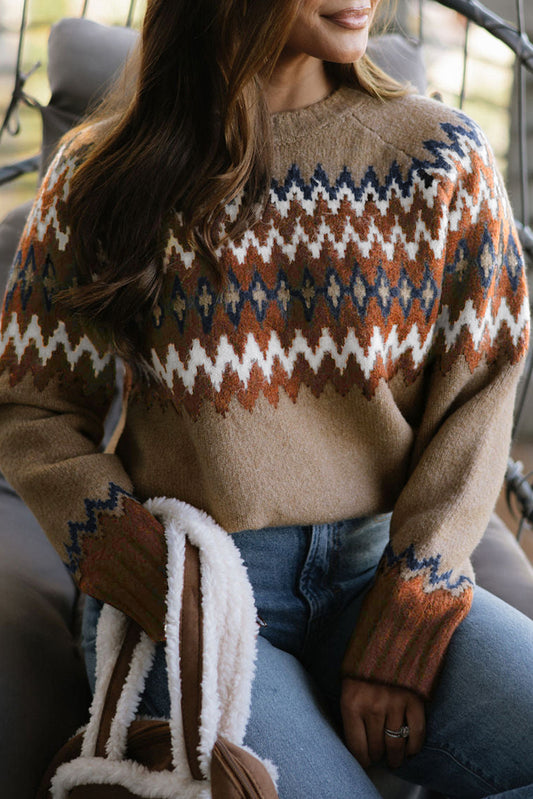 Khaki Geometric Print Colorblock Crew Neck Sweater