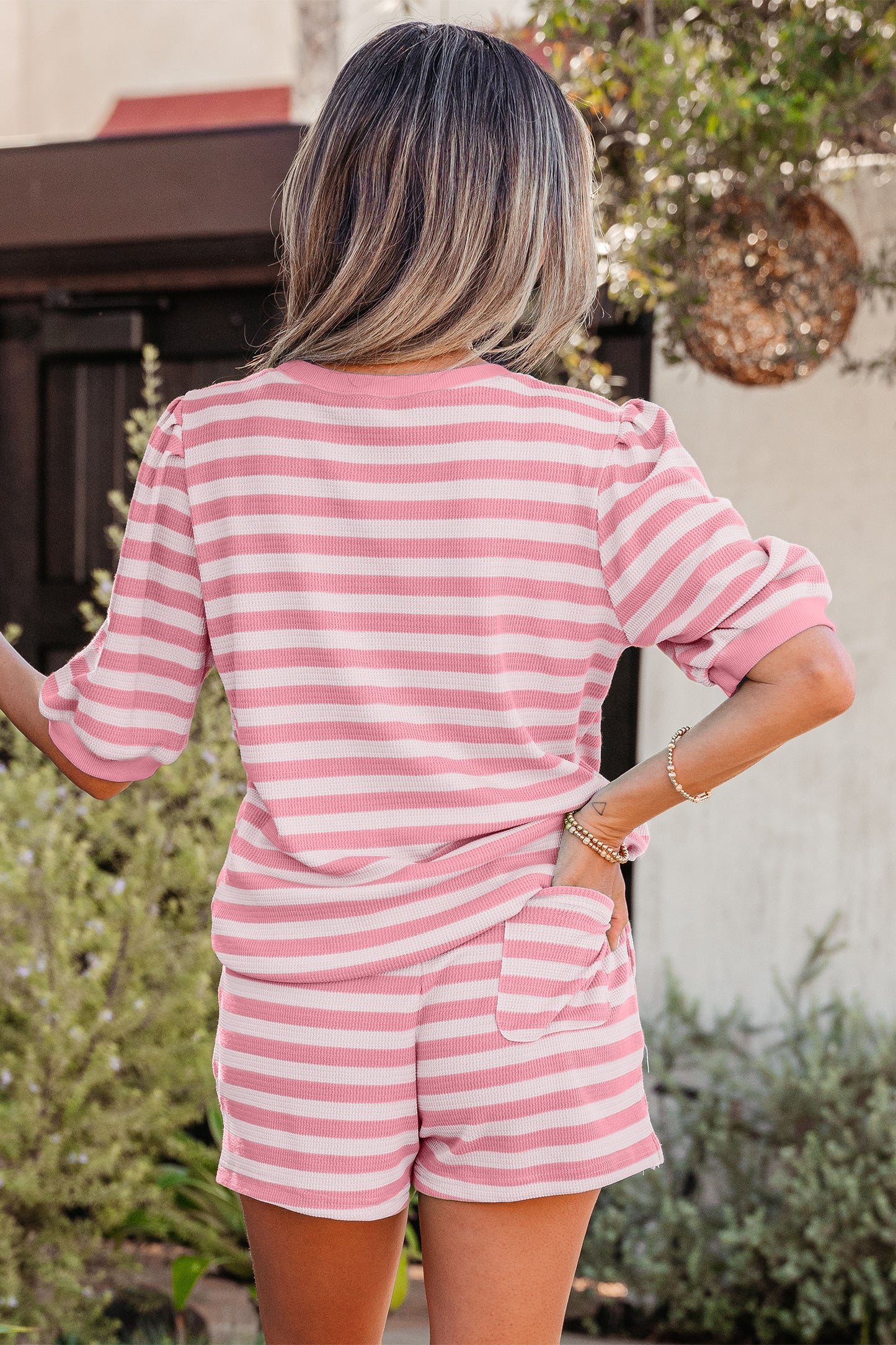 Stripe Puff Short Sleeve T Shirt Matching Shorts Set