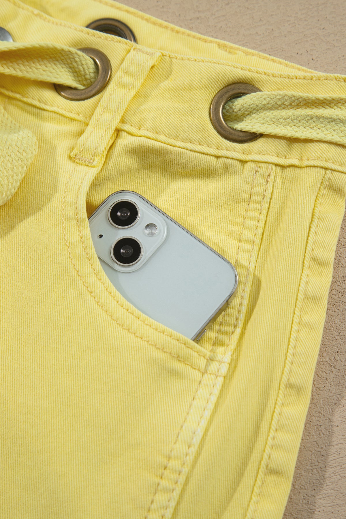 Color Grommet Detail Knot Waist Barrel Jeans