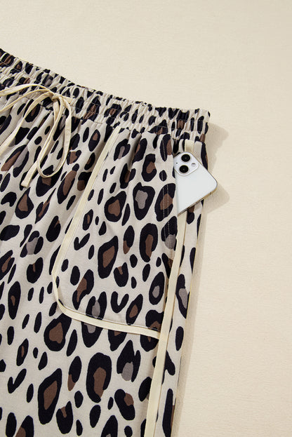 Khaki Exposed Seam Patched Pocket Plus Size Leopard Wide Leg Pants